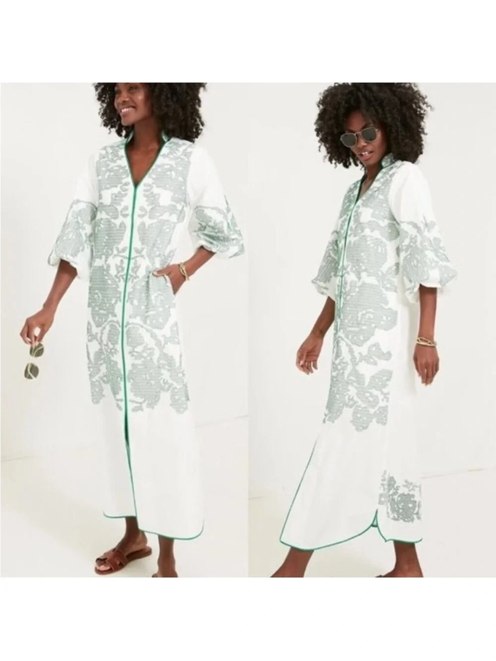 Hyacinth House White and Green Embroidered Bohemian Arem Maxi Dress Size XXS - Picture 2 of 5